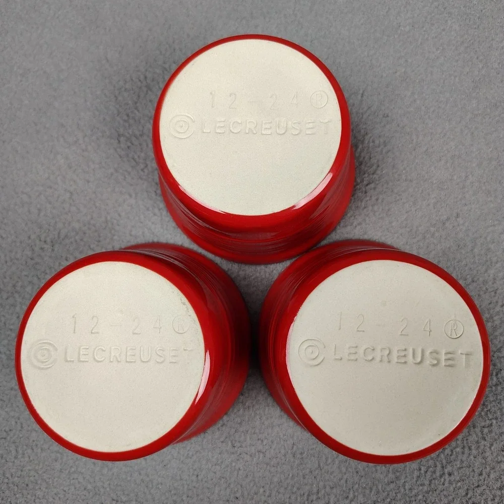 Le Creuset Ramekin Set (3) Cherry Red Stoneware Stackable Ribbed 12-24 Excellent
